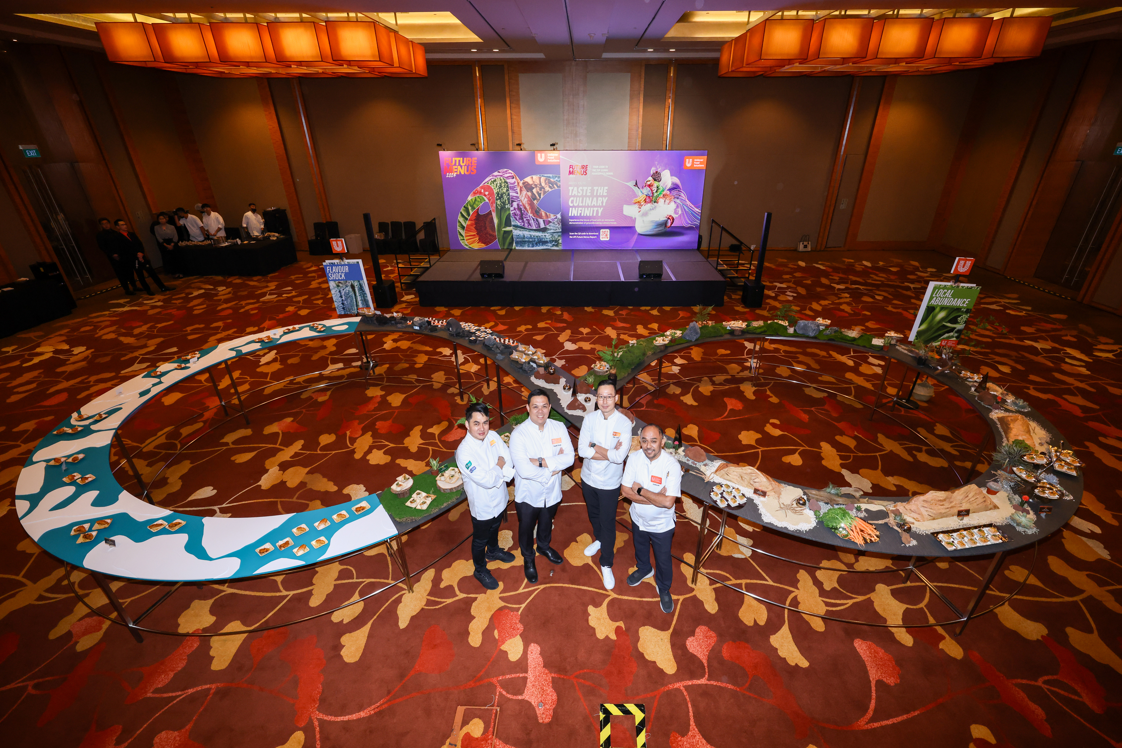 The Culinary Infinity: Unilever Food Solutions Chefs prepare to lead the exploration of the Future Menus reports trends through taste. From L-R: Chef Jiraroj “Pop” Navanukroh (Executive Chef, UFS Thailand), Chef Kenneth Cacho (Executive Chef, UFS Philippines), Chef Eric Chua (Executive Chef, UFS Singapore, Vietnam, and Cambodia, and Future Platform Chef Lead of Southeast Asia), and Chef Gun Gun Handayana (Executive Chef, UFS Indonesia)