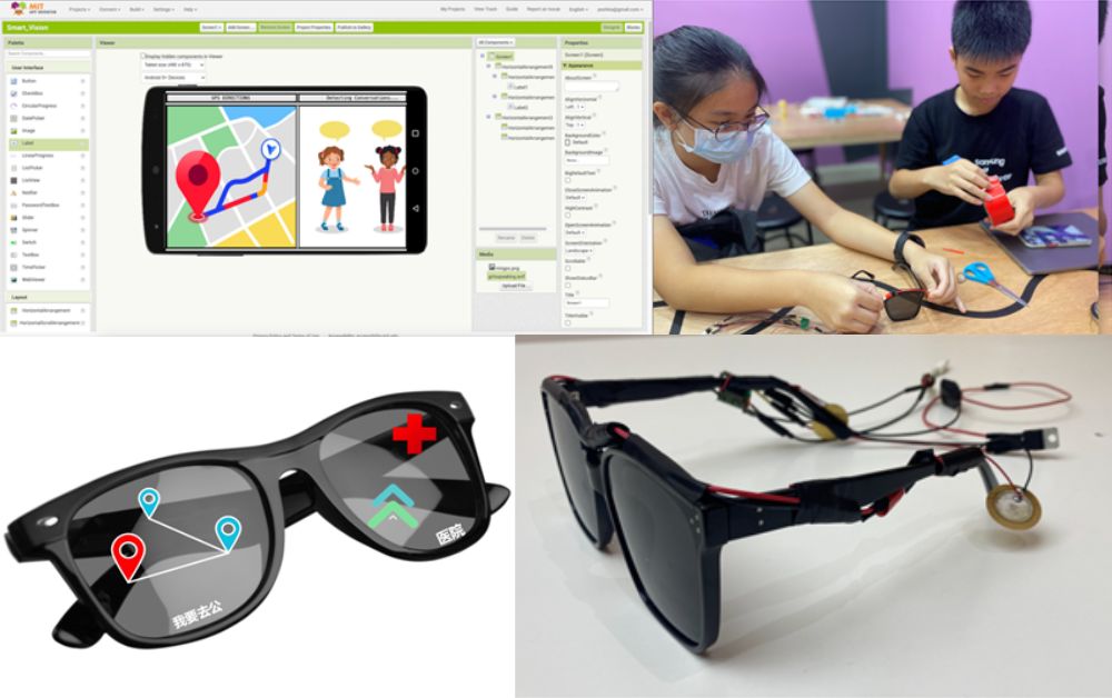 (From left, clockwise) Navigation function in Smart Vision, Team Smart Vision working on their prototype, Smart Vision prototype, Smart Vision mock-up