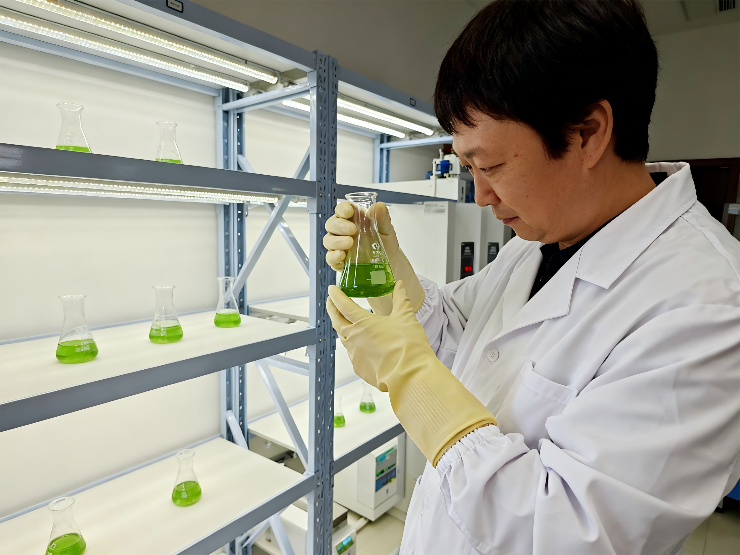 In the Spirulina strain bank, staff are observing the growth of the strains.