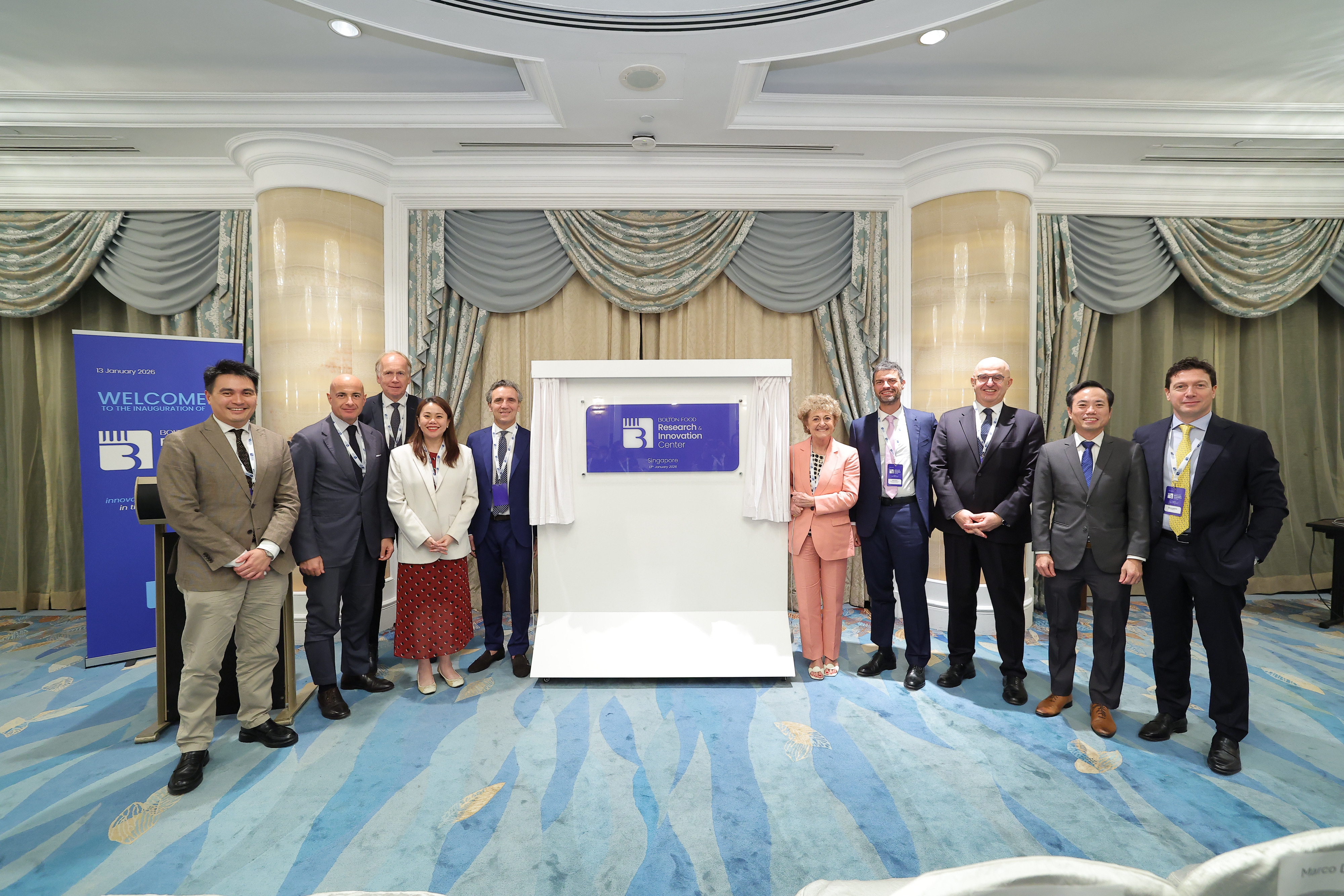 Left to Right- Mr Marcus Dass, Senior Vice President of the Singapore Economic Development Board, Mr Dante Brandi, Italian ambassador to Singapore, Mr Guy Noordink, Board Member of Bolton, Ms Cindy Khoo, Managing Director of Enterprise Singapore, Mr Luca Alemanno, Chief Executive Officer (CEO) of Bolton Food and Tri Marine, Ms Marina Nissim, Chairwoman of Bolton, Mr Alberto Dolci, Bolton Food Global Health & Science Programs Manager, Mr Luciano Priovano, Chief Sustainability Officer of Bolton Food, Mr Pak Sing Lee, Assistant Managing Director of Enterprise Singapore, Mr Marco D’Agostini, Bolton Food General Manager Trading APAC