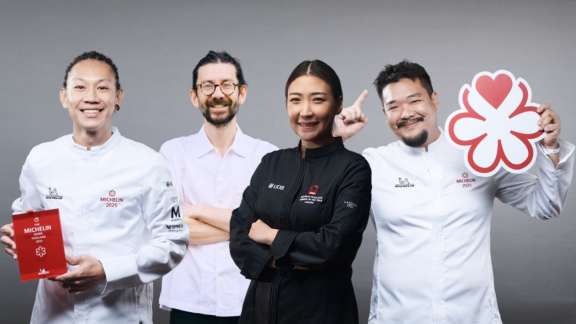 Award-winning alumni (from left): Chef Sittikorn ‘Au’ Chantop, Chef John Chantarasak, Chef Pichaya ‘Pam’ Soontornyanakij, and Chef Parkorn ‘Tan’ Kosiyabong – Michelin-recognised chefs whose careers reflect the professional foundations gained through Dusit’s hospitality education institutions.