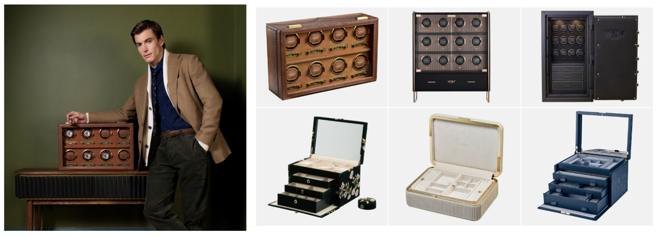 Brogue 8 Piece Watch Winder; Brogue 8 Piece Watch Winder, Axis 12 Piece Watch Winder Cabinet, Athos 12 Piece Watch Winder Safe, Zoe Large Jewellery Box, Bella Large Jewellery Box, WOLF x Liberty All Over Ianthe Large Jewellery Box