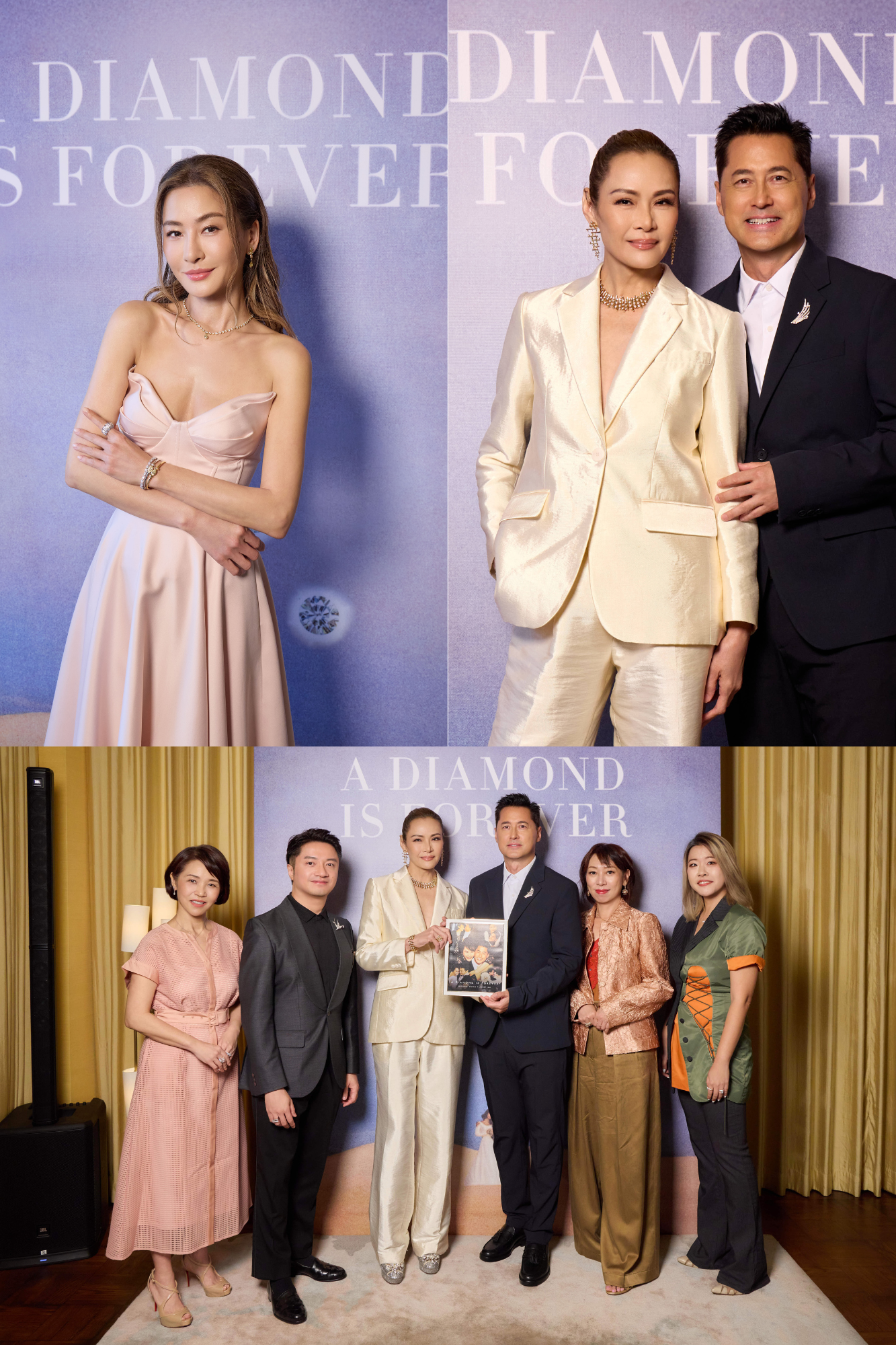 In Conversation with A Diamond is Forever’, (top left) Kathy Chow wears Claudia Ma Fine Jewellery, (top right) Janet Ma and Michael Wong wear pieces from Hearts On Fire; Fireside chat with industry experts and special guests (bottom from left to right): Sophia Yu, Stewart Young, Janet Ma, Michael Wong, Loletta Lai and Christina Ko.
